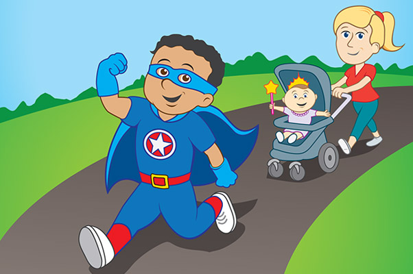 Child Super Hero walking with stoller behind him